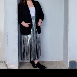 Plus Silver Metallic Pleated Maxi Skirt